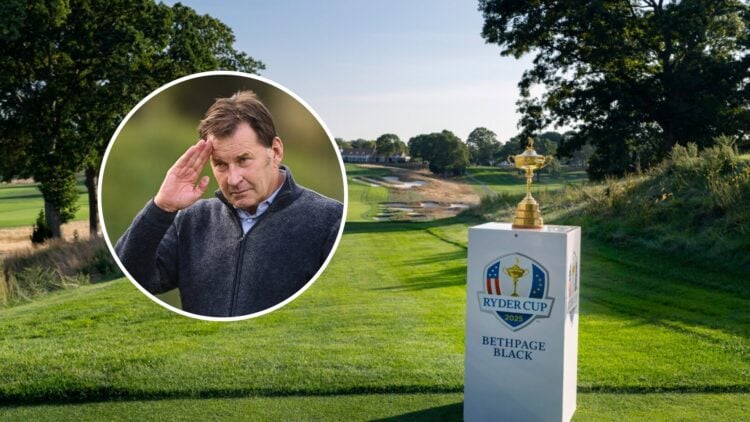 Sir Nick Faldo attends the 2024 Betfred British Masters, inset the Ryder Cup trophy sits at Bethpage Black