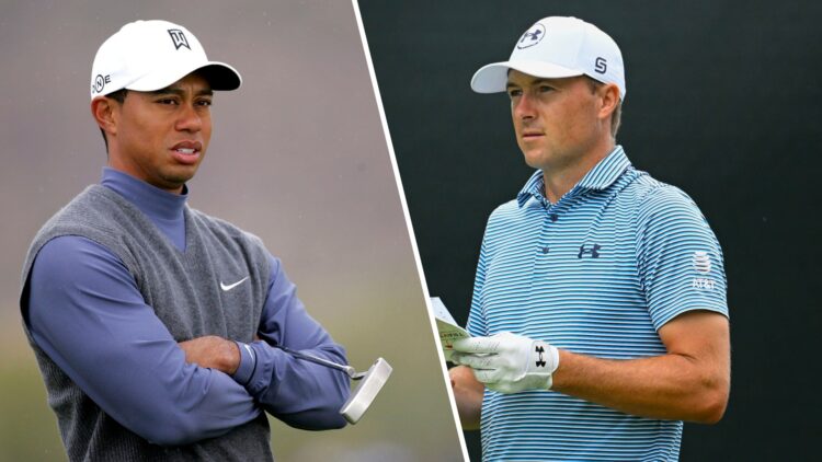 A split image of PGA Tour players Tiger Woods and Jordan Spieth playing golf