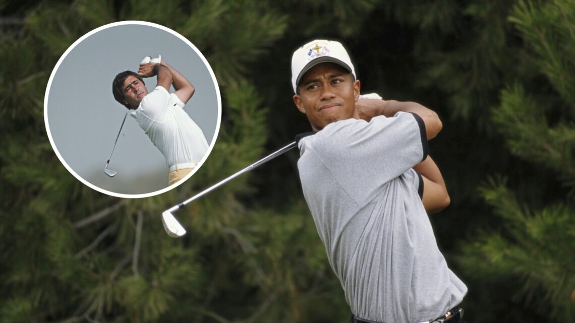 Tiger Woods in action during the 32nd Ryder Cup Matches in 1997 / Seve Ballesteros hits an iron shot during the 1983 Open Championship