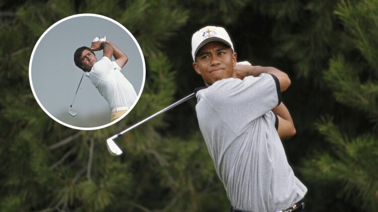 Tiger Woods in action during the 32nd Ryder Cup Matches in 1997 / Seve Ballesteros hits an iron shot during the 1983 Open Championship