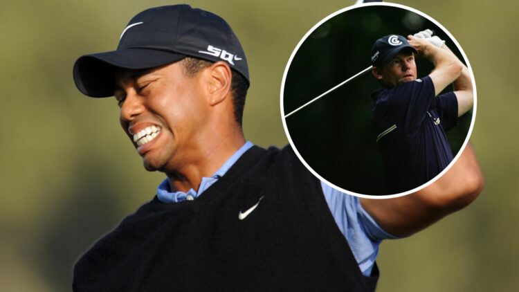 An image of Tiger Woods grimacing with overlay of Shaun Micheel playing golf in 2006