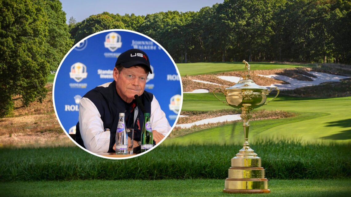 The Ryder Cup trophy sits at Bethpage Black, inset Tom Watson speaks to the press at the 2014 Ryder Cup