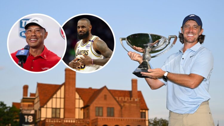 Tommy Fleetwood image with insets of Tiger Woods and LeBron James