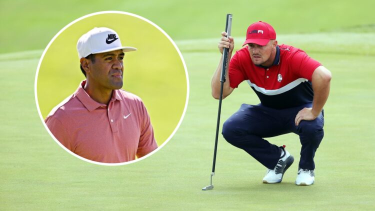 Bryson DeChambeau lines up a putt during the 2021 Ryder Cup, inset of Tony Finau