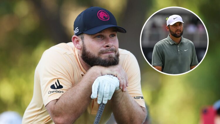 Tyrrell Hatton looks on at the 2024 DP World Tour Championship, inset Scottie Scheffler looks on at the 2025 PGA Tour Championship