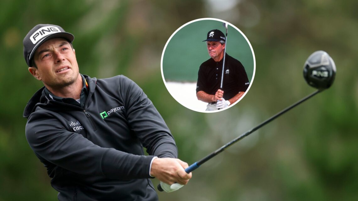 Viktor Hovland plays at the 2025 AT&T Pebble Beach Pro-Am, inset Gary Player plays at The Masters in 1999