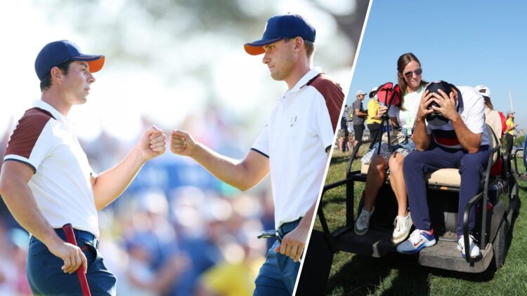 Split image of Viktor Hovland celebrating with Ludvig Aberg during the 2023 Ryder Cup and Scottie Scheffler being consoled after losing a match at ...
