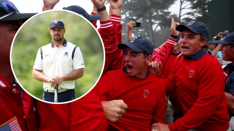 An image of the USA Walker Cup team with an inset of Bryson DeChambeau