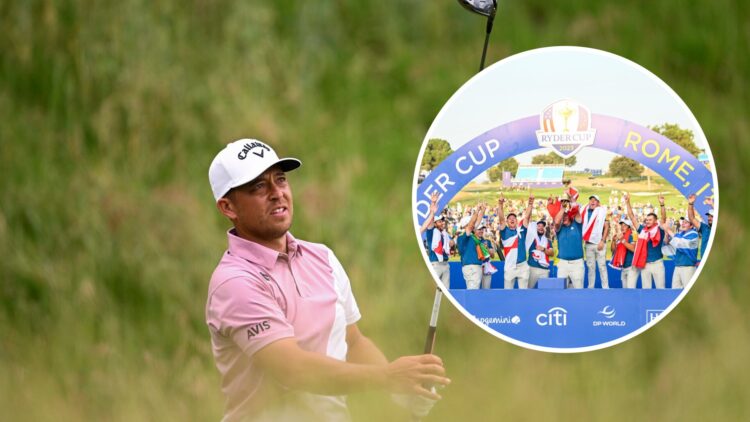 Xander Schauffele hits a tee shot at the US Open, inset of the 2023 European Ryder Cup team