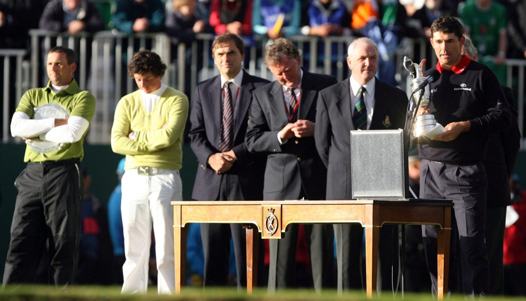 Padraig Harrington is presented with the Claret Jug at the 2007 Open