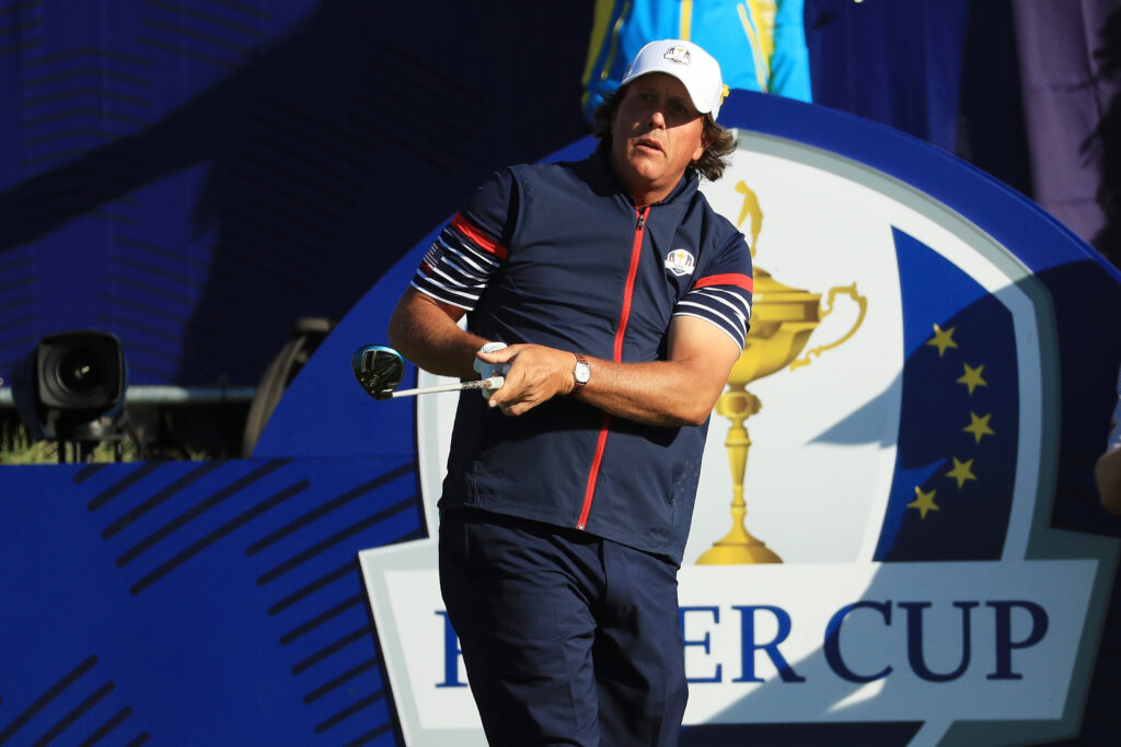 Phil Mickelson hits a tee shot in practice ahead of the 2018 Ryder Cup