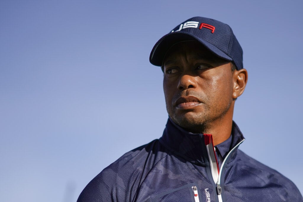 US golfer Tiger Woods looks on during the 2018 Ryder Cup.