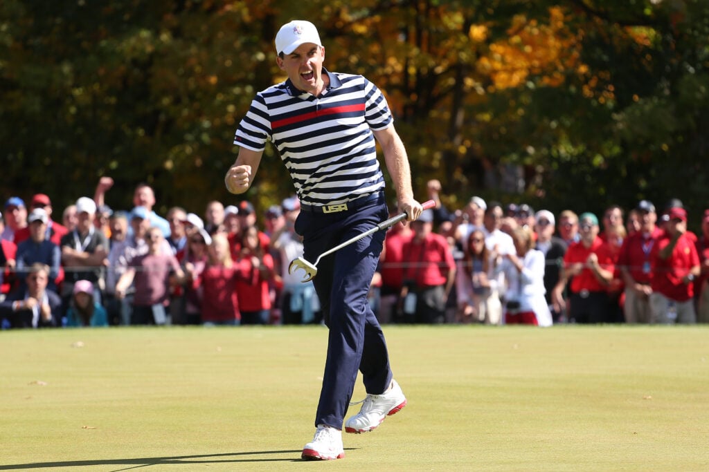 Keegan Bradley of the USA celebrates a putt during the 2014 Ryder Cup