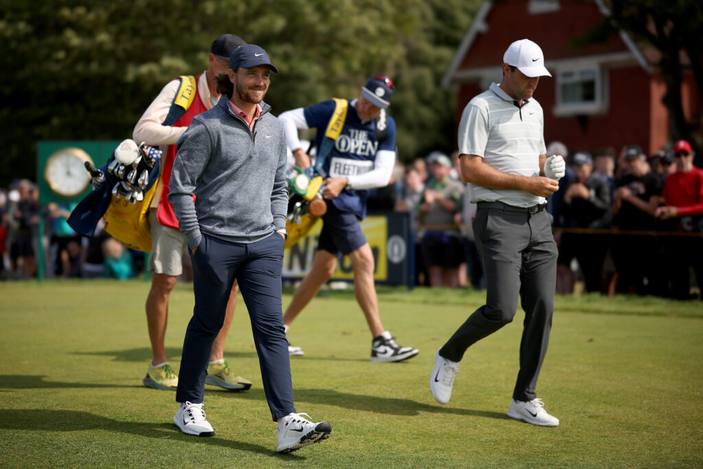 Tommy Fleetwood and Scottie Scheffler on the 4th hole on Day Two of The Open at Royal Liverpool