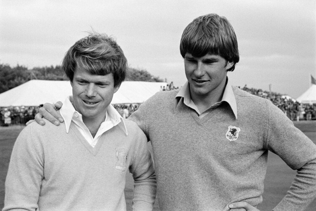 Nick Faldo stands with Tom Watson during the 1977 Ryder Cup