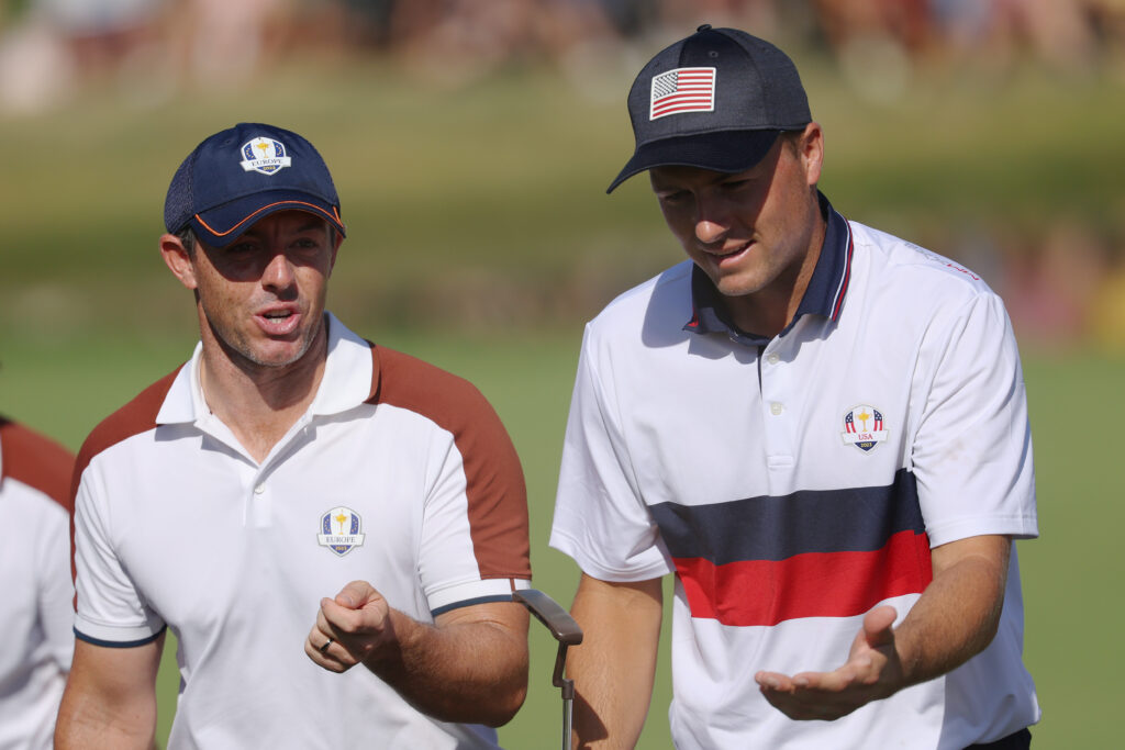 Rory McIlroy and Jordan Spieth speak during the 2023 Ryder Cup in Rome