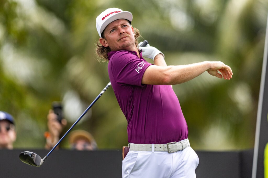 Cameron Smith reacts to his drive during the third round of LIV Golf Miami
