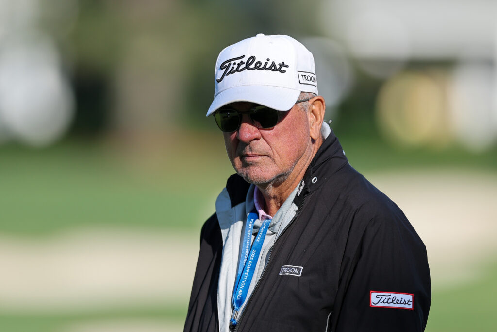 Father of Justin Thomas of the United States, Mike Thomas, looks on during a practice round prior to the 2025 Masters Tournament at Augusta National