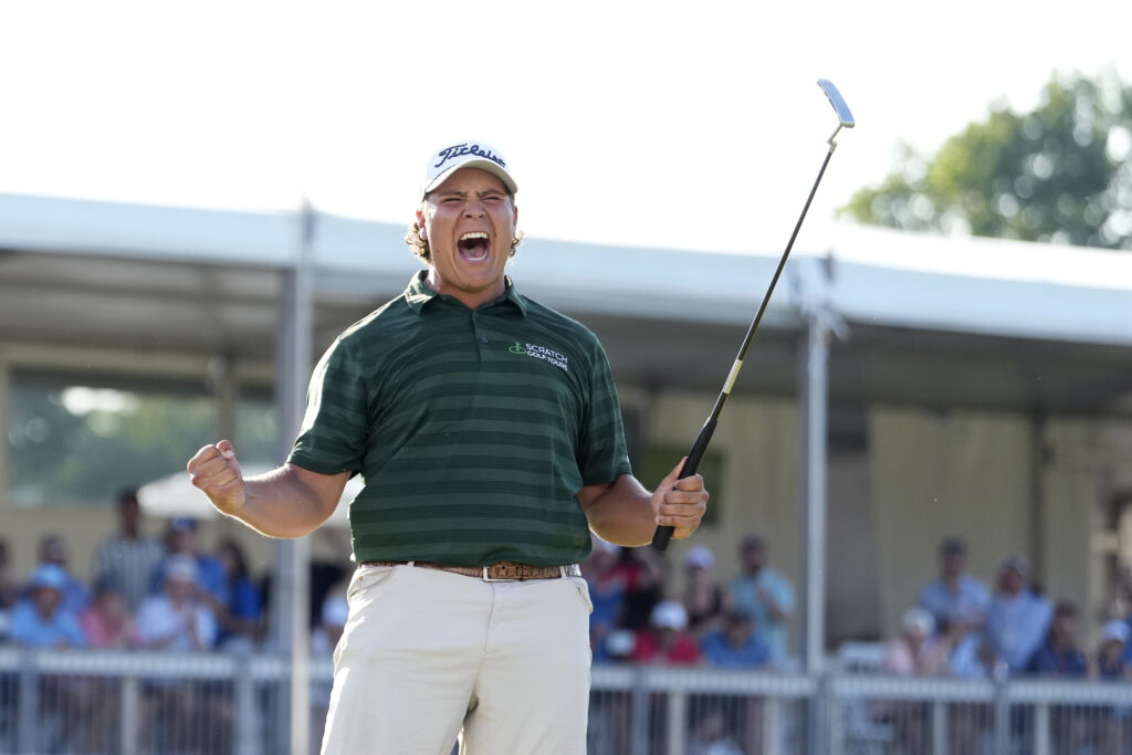 Aldrich Potgieter celebrates winning the Rocket Classic in a playoff