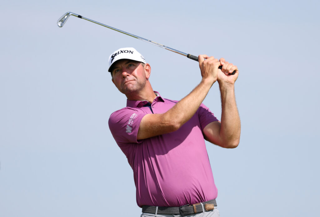 Lucas Glover hits a tee shot during the final round of The Open Championship