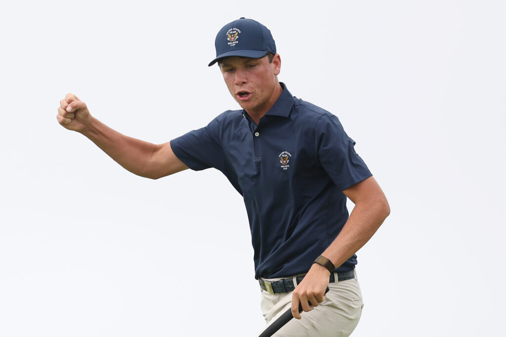 Mason Howell of Team United States celebrates a putt at the 2025 The Walker Cup