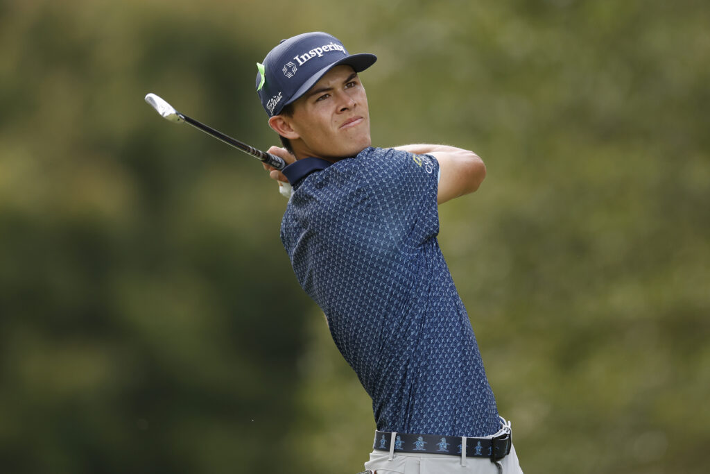 John Keefer plays his shot from the 11th tee during the final round of the Simmons Bank Open for the Snedeker Foundation