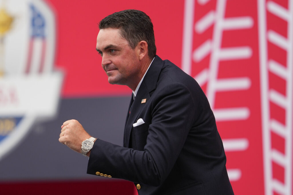 Keegan Bradley interacts with the crowd during the opening ceremony of the Ryder Cup