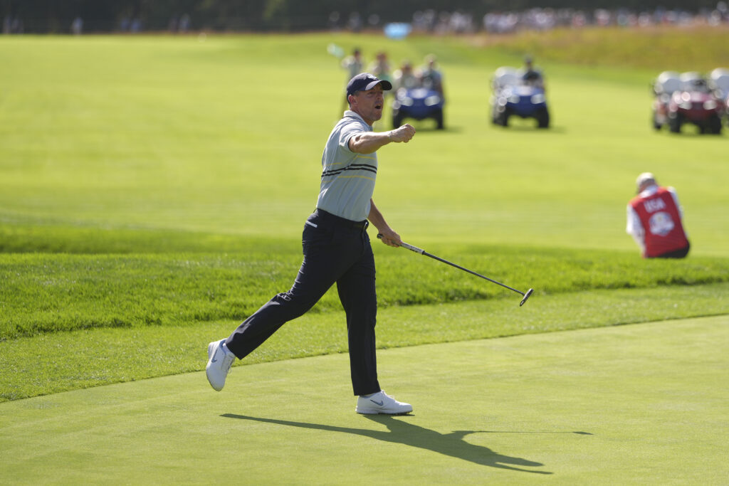 Rory McIlroy reacts after making his birdie putt on the seventh hole during the Ryder Cup at Bethpage Black
