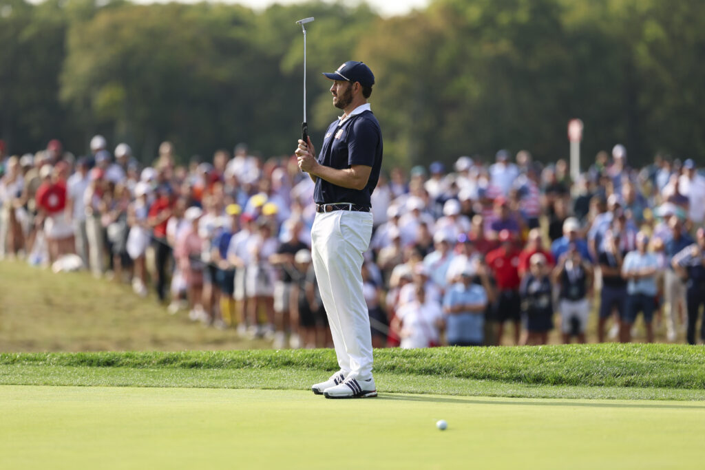 Patrick Cantlay reacts to a missed putt at the 2025 Ryder Cup.