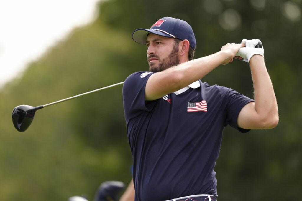 Patrick Cantlay tees off on the second hole during the Saturday afternoon session at the 2025 Ryder Cup
