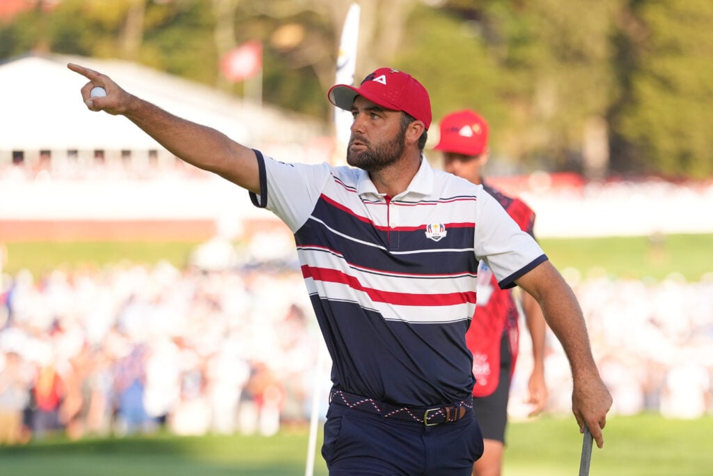 Scottie Scheffler reacts during the singles matches at the Ryder Cup at Bethpage Black