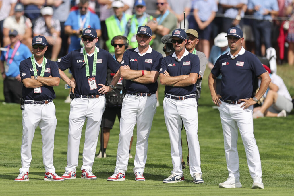 Kevin Kisner, Brandt Snedeker, Keegan Bradley, Webb Simpson and Gary Woodland look on during the Saturday morning foursomes matches of the Ryder Cup at Bethpage Black