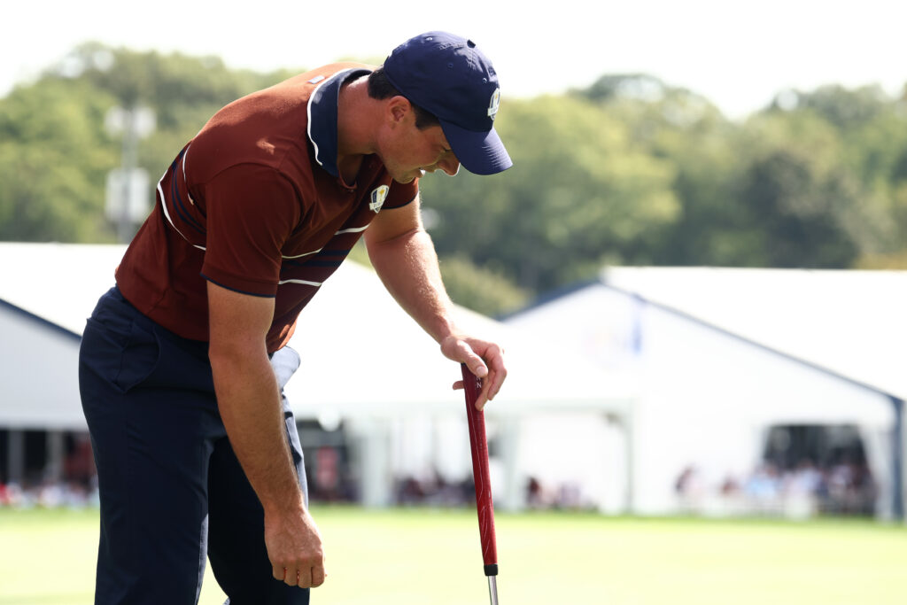 Viktor Hovland of Team Europe reacts to a putt at the 2025 Ryder Cup.