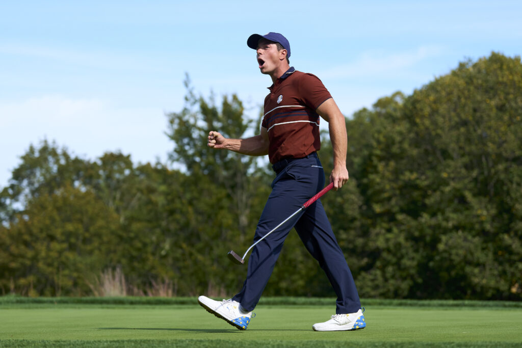 Viktor Hovland of Team Europe celebrates a putt at the 2025 Ryder Cup.