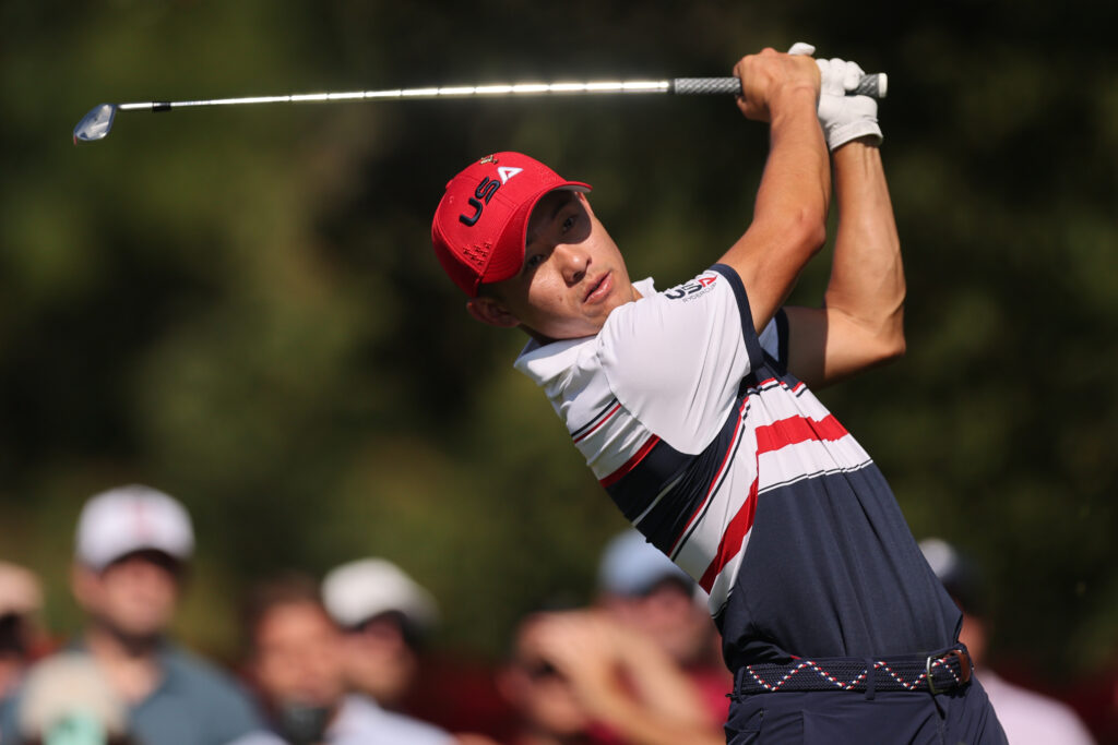 Collin Morikawa hits his tee shot during the singles at the Ryder Cup