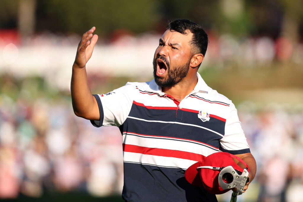 J.J. Spaun celebrates winning his singles match at the 2025 Ryder Cup