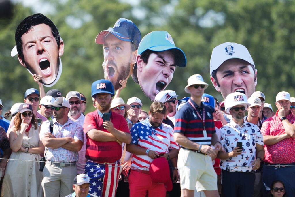 Team Europe fans raise their player cut out signs during the singles matches, during the Ryder Cup at Bethpage Black