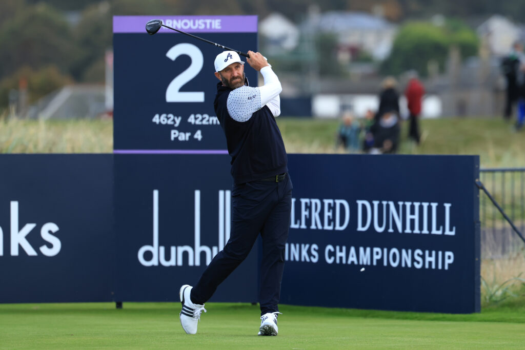 Dustin Johnson of the United States plays a shot during the Dunhill Links Championship 2025