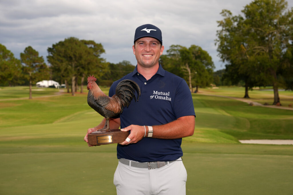 Steven Fisk holds the trophy after winning the 2025 Sanderson Farms Championship