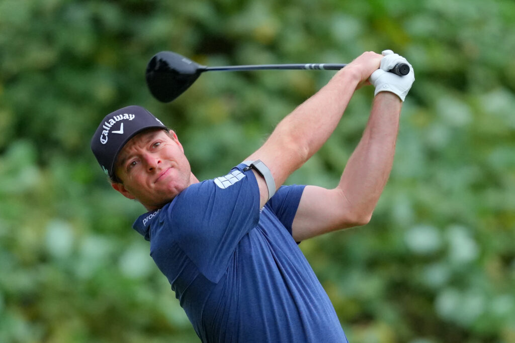 Max Greyserman hits his tee shot during the first round of the Baycurrent Classic