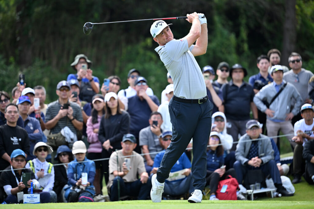 Alex Noren hits his tee shot on the 5th hole during the second round of the Baycurrent Classic at Yokohama Country Club