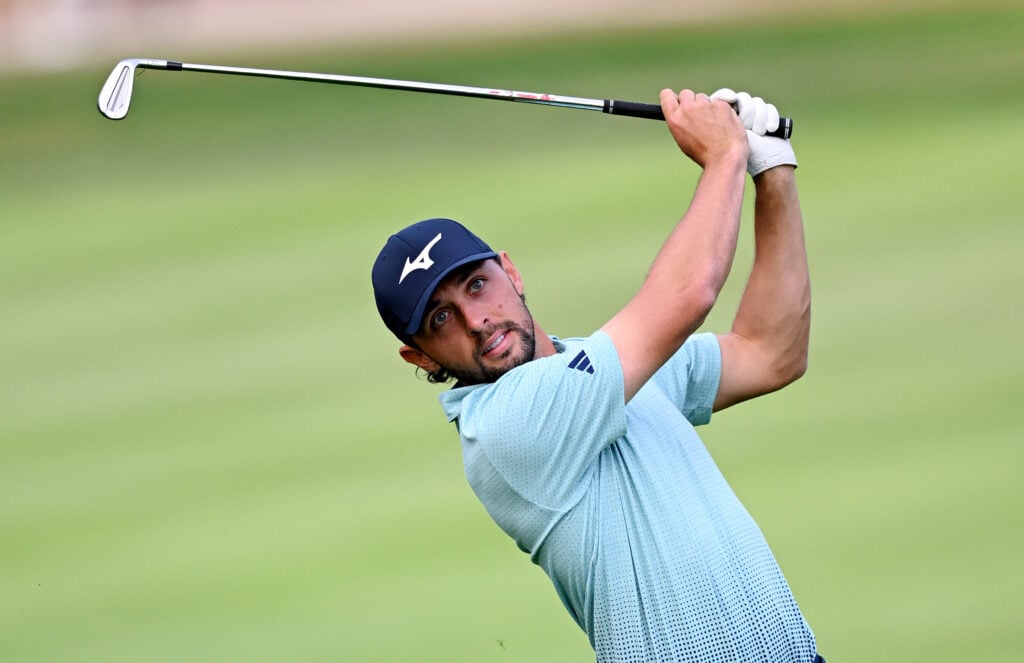 Marco Penge hits his iron shot during round two of the Spanish Open