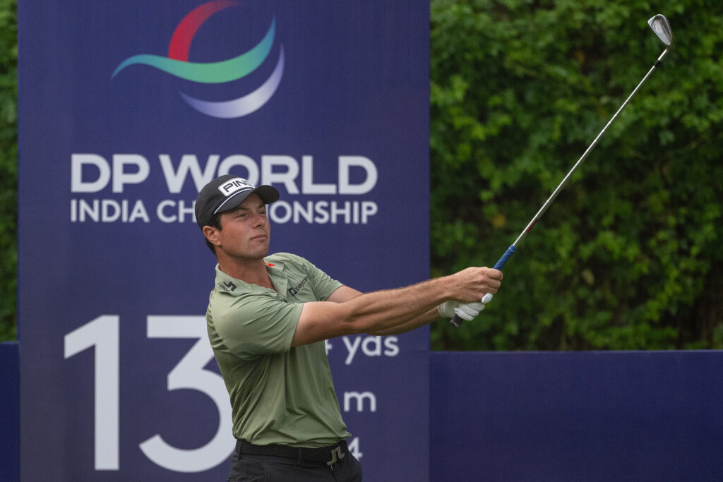 Viktor Hovland tees off on hole 13 on day one of the DP World India Championship 2025 at Delhi Golf Club