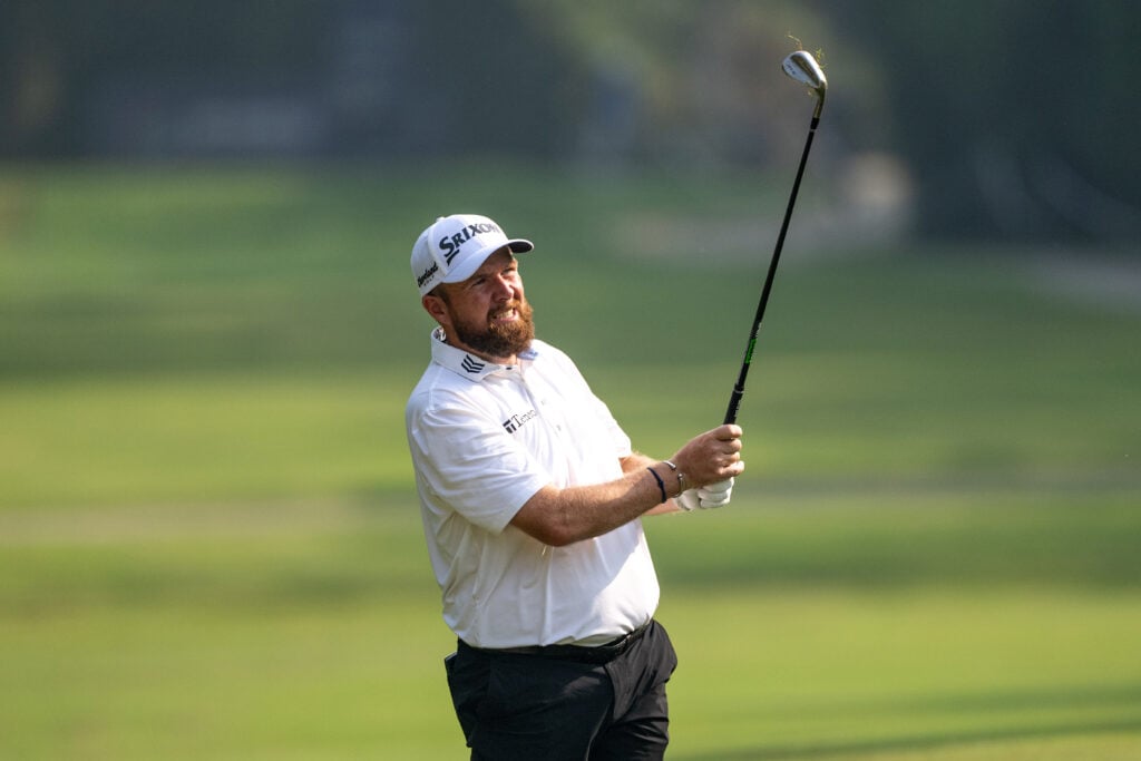Shane Lowry plays his approach on the 15th on day two of the DP World India Championship at Delhi Golf Club