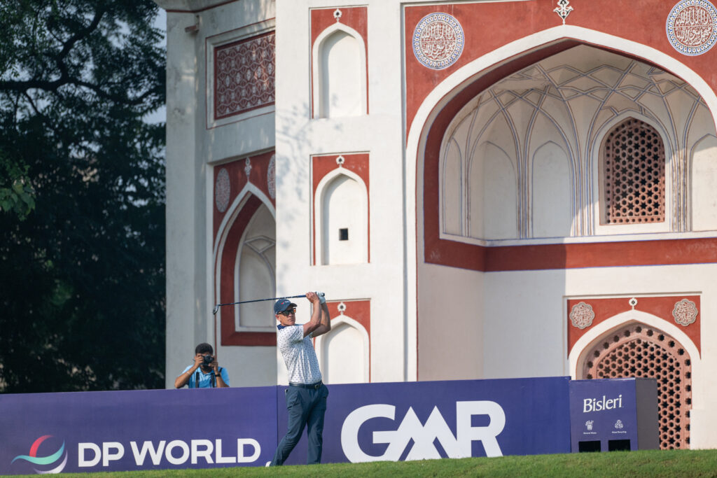 Luke Donald of England tees off at the DP World India Championship 2025