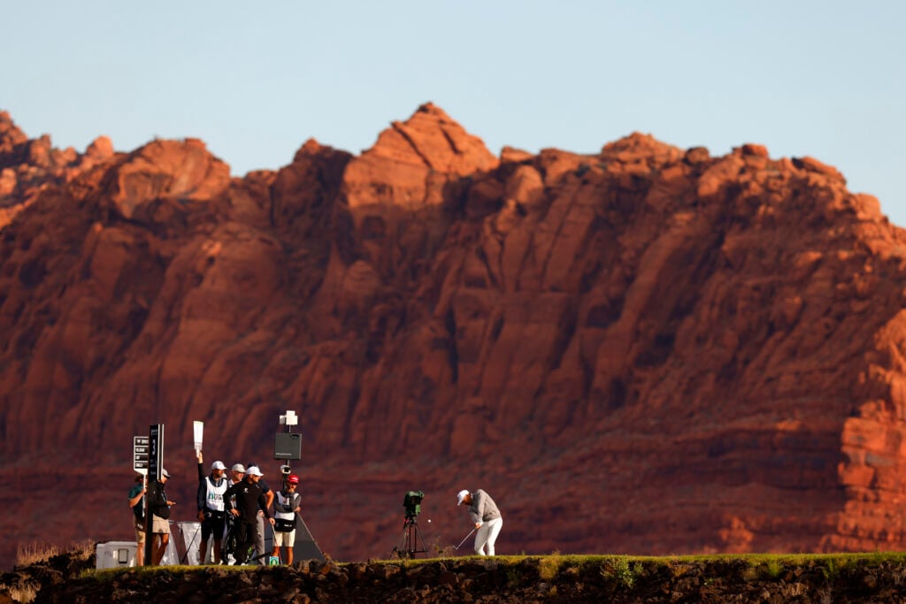 Camilo Villegas of Colombia plays his shot from the third tee during the first round of the Bank of Utah Championship at Black Desert Resort