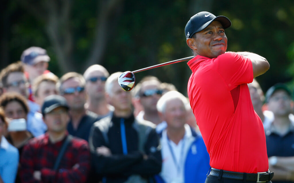Tiger Woods of the United States tees off at the 2014 Open Championship.