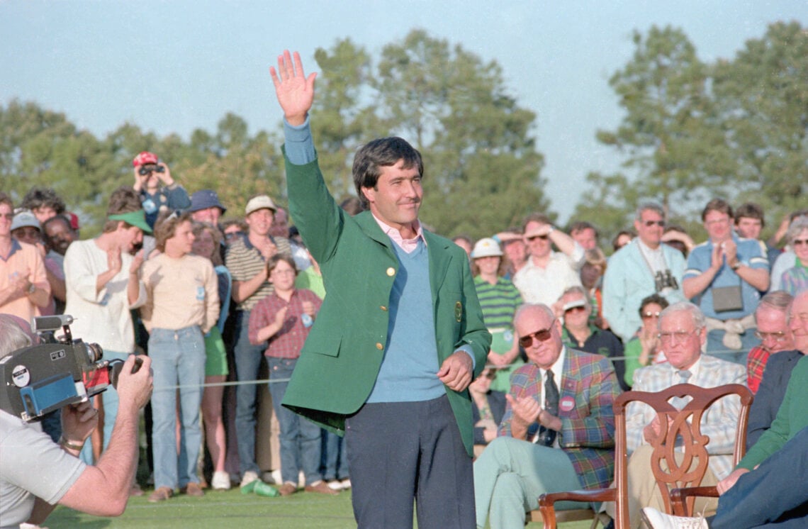 Golf pro Seve Ballesteros waves after winning the 1983 Masters Championship at the Augusta Golf Course. He is wearing the coveted Green Jacket.