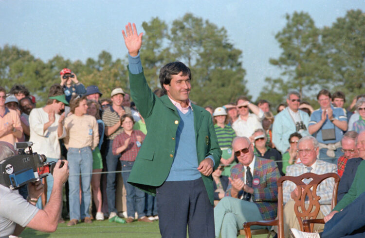 Golf pro Seve Ballesteros waves after winning the 1983 Masters Championship at the Augusta Golf Course. He is wearing the coveted Green Jacket.