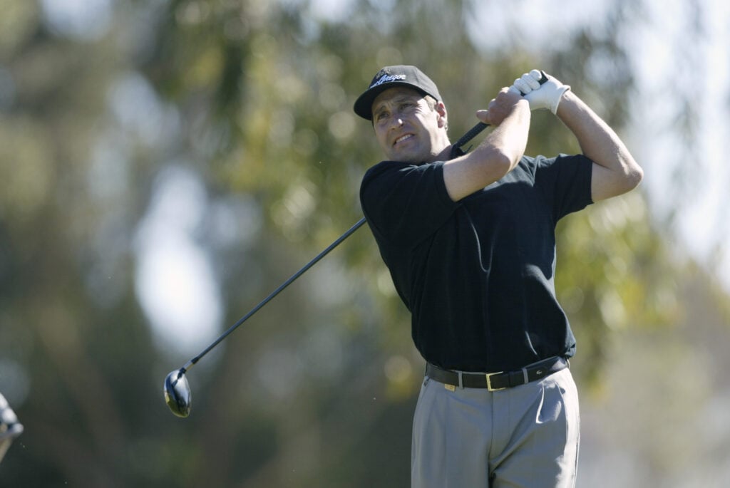 Jose Maria Olazabal hits a tee shot during the final round of the 2002 Buick Invitational